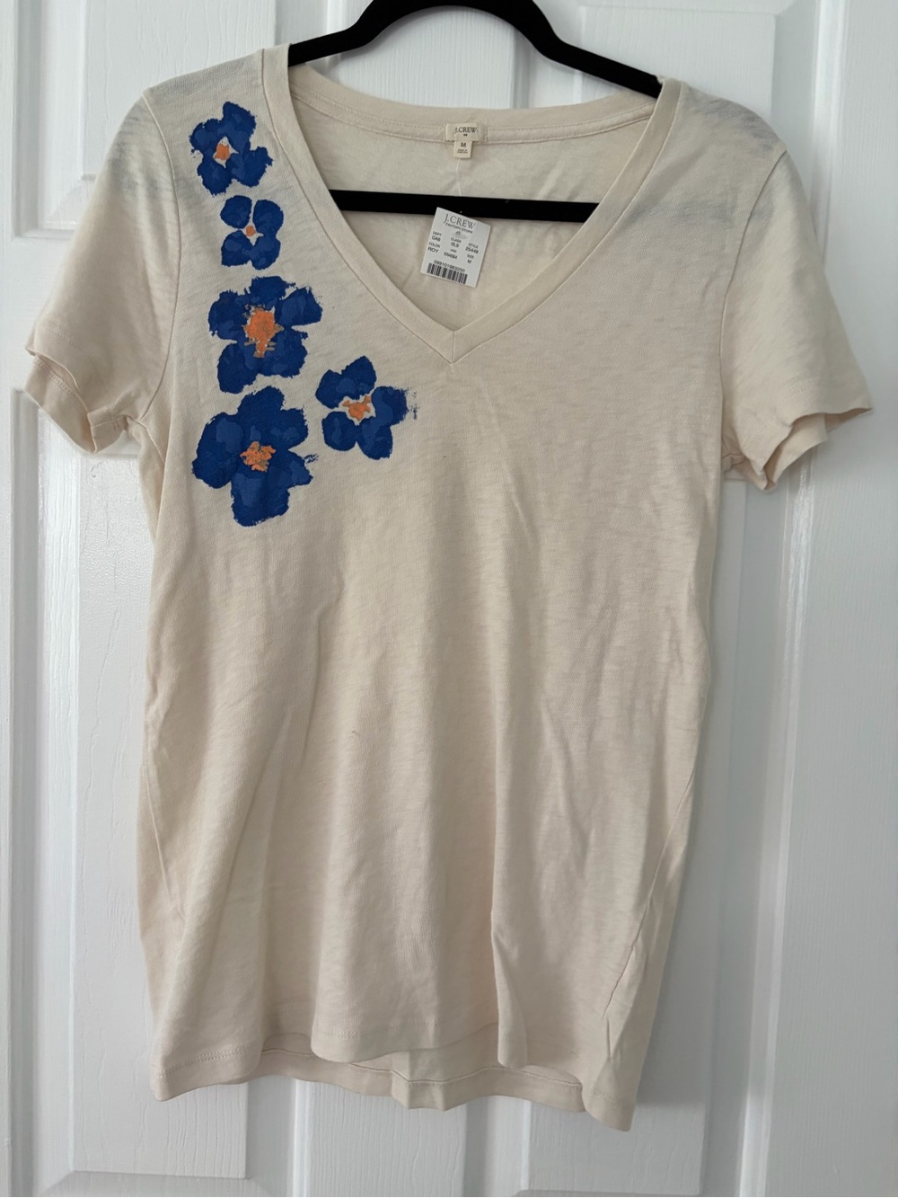 J. Crew Cream V-Neck Tee with Blue and Orange Floral Accents